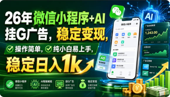 26年微信小程序+AI挂G广告,稳定变现,操作简单,纯小白易上手,稳定日入1k【揭秘】-双壹文化
