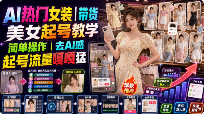 AI热门女装带货丨美女起号教学，简单操作，去AI感，起号流量嘎嘎猛-双壹文化