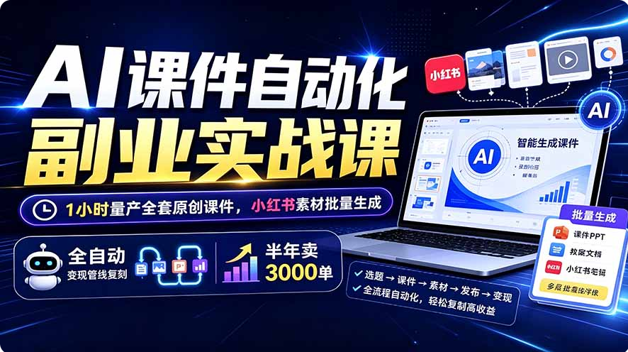 AI课件自动化副业实战课：1小时量产全套原创课件×小红书素材批量生成×全自动变现管线×半年卖3000单-双壹文化